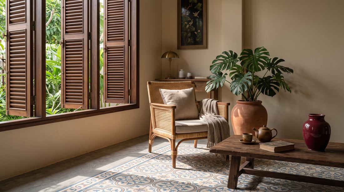 Góc phòng khách phong cách Indochine ấm áp, ánh sáng buổi sáng chiếu qua cửa gỗ chớp lật — minh hoạ Chương 1 loạt bài Kiến Trúc & Phong Thủy Nhập Môn