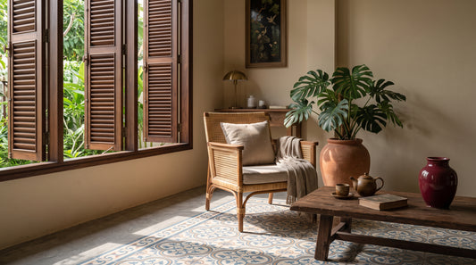 Góc phòng khách phong cách Indochine ấm áp, ánh sáng buổi sáng chiếu qua cửa gỗ chớp lật — minh hoạ Chương 1 loạt bài Kiến Trúc & Phong Thủy Nhập Môn