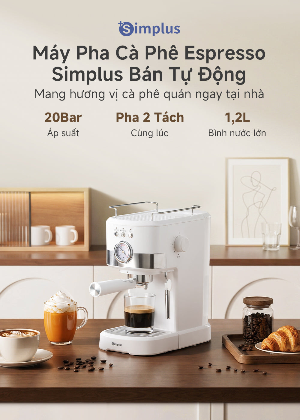 Simplus Máy Pha Cà Phê Espresso Bán Tự Động 20 Bar KFJH014