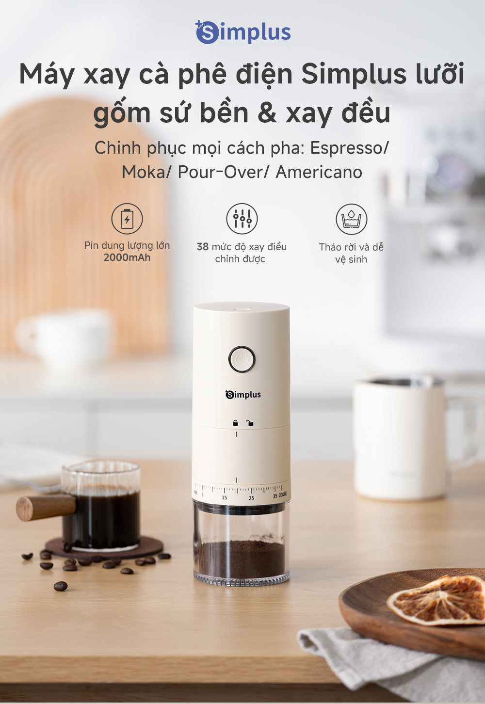 Simplus Máy Xay Cà Phê Điện Cầm Tay 38 Mức Độ MDJH005FZ