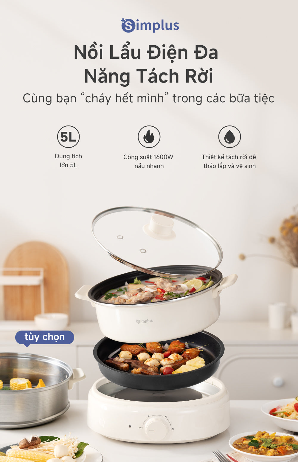 Simplus Nồi Lẩu Điện Đa Năng Tách Rời 5L - 1600W DHGH003
