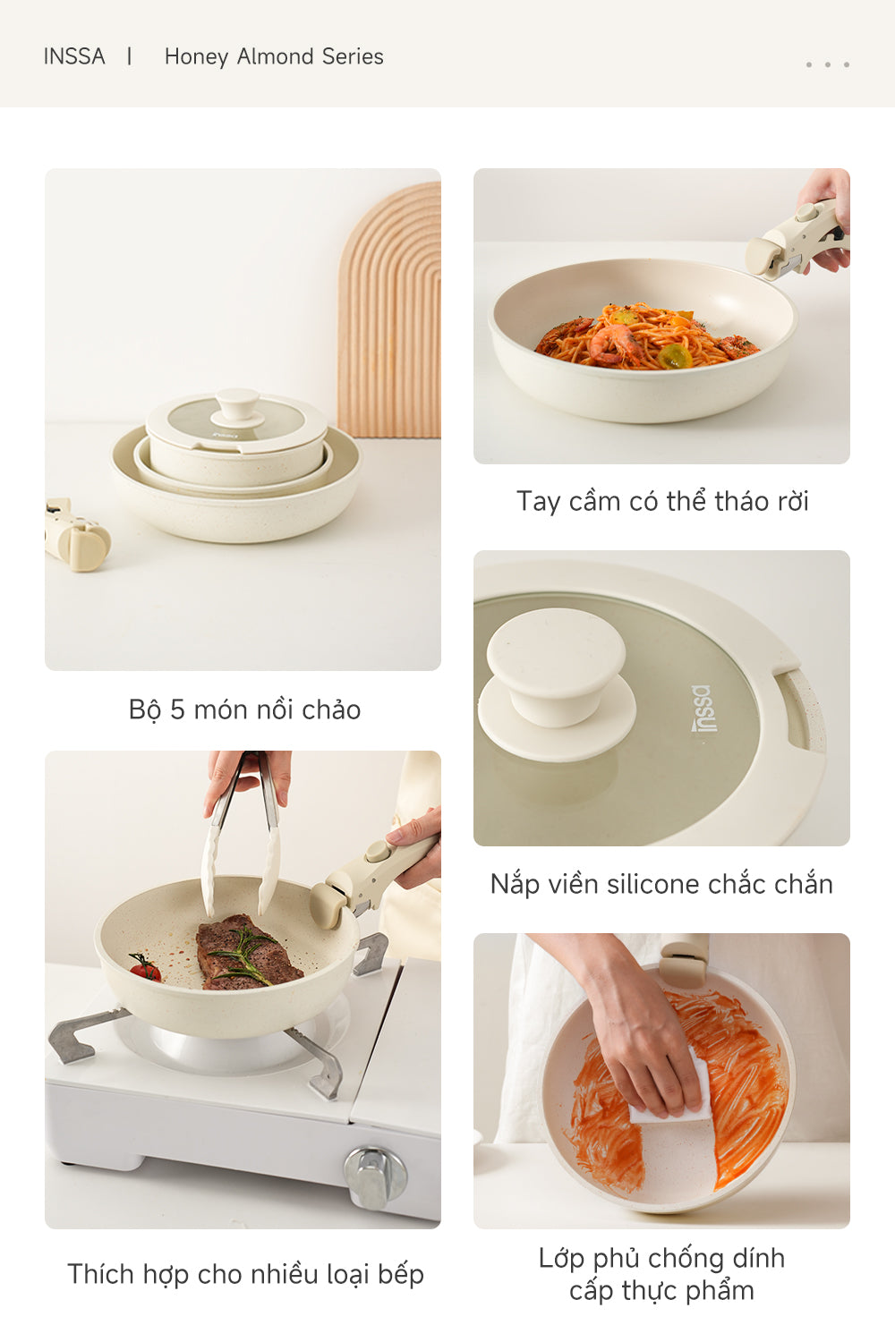 INSSA Bộ Nồi Chảo Chống Dính 3 Món Honey Almond - Tay Cầm Tháo Rời