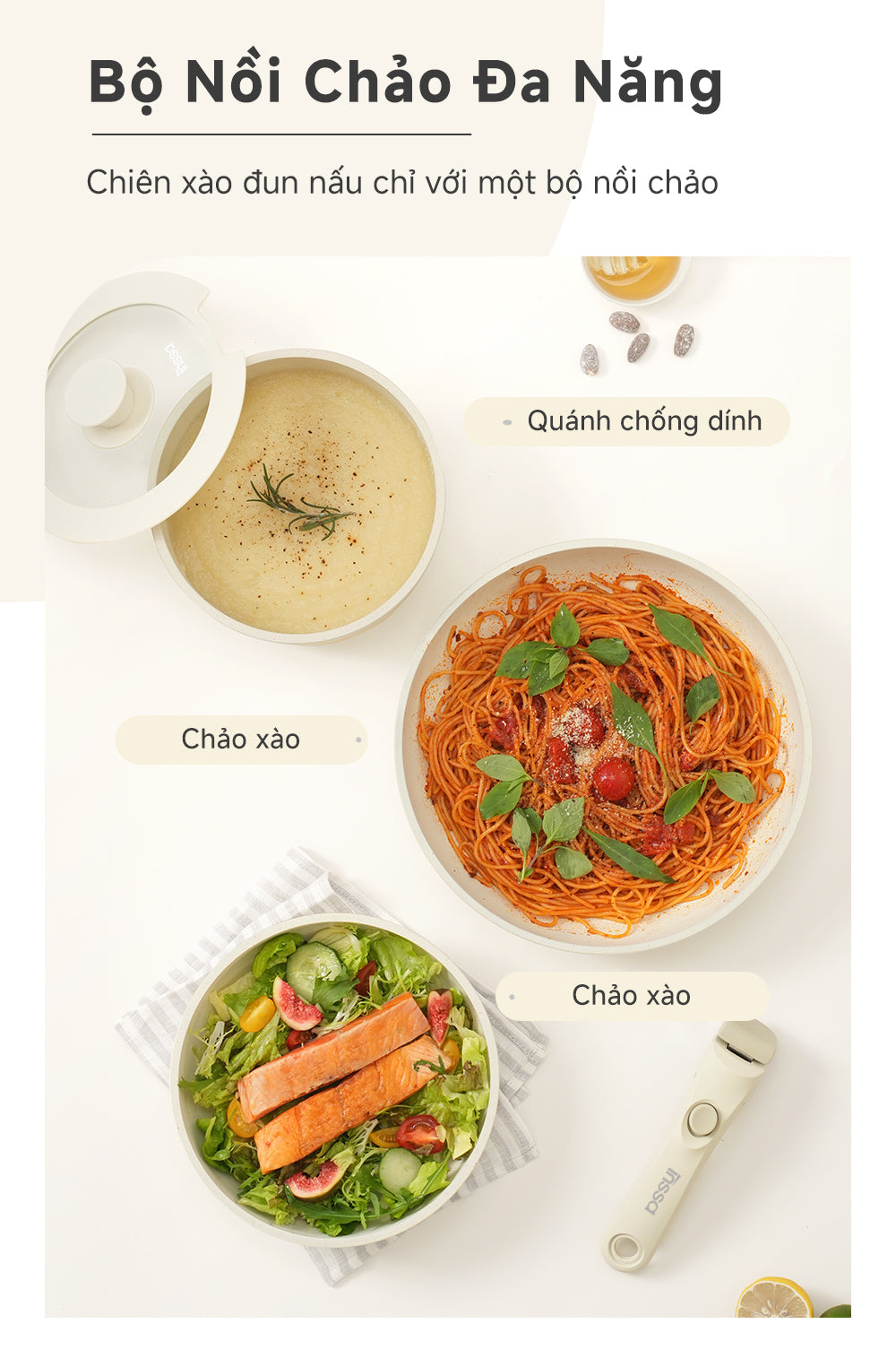 INSSA Bộ Nồi Chảo Chống Dính 3 Món Honey Almond - Tay Cầm Tháo Rời